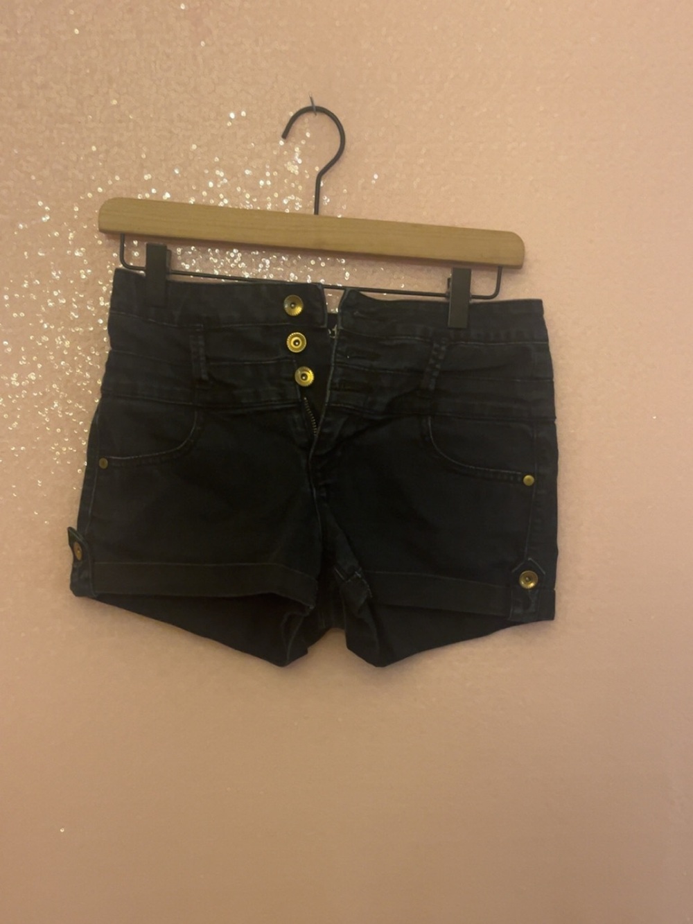 refuge Black High-Rise Button-Front Denim Shorts with Gold Buttons